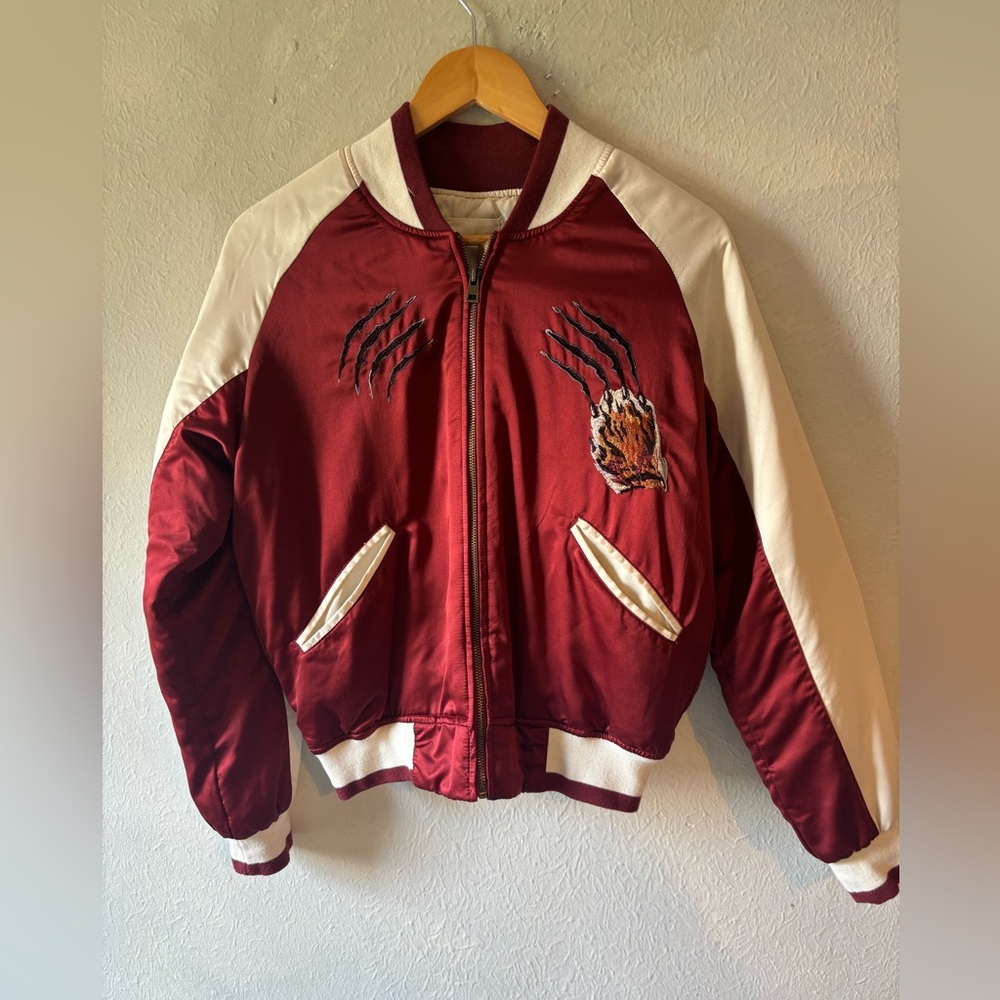 silence + noise Red and White Tiger Embroidered Bomber Jacket - Picture 2 of 7